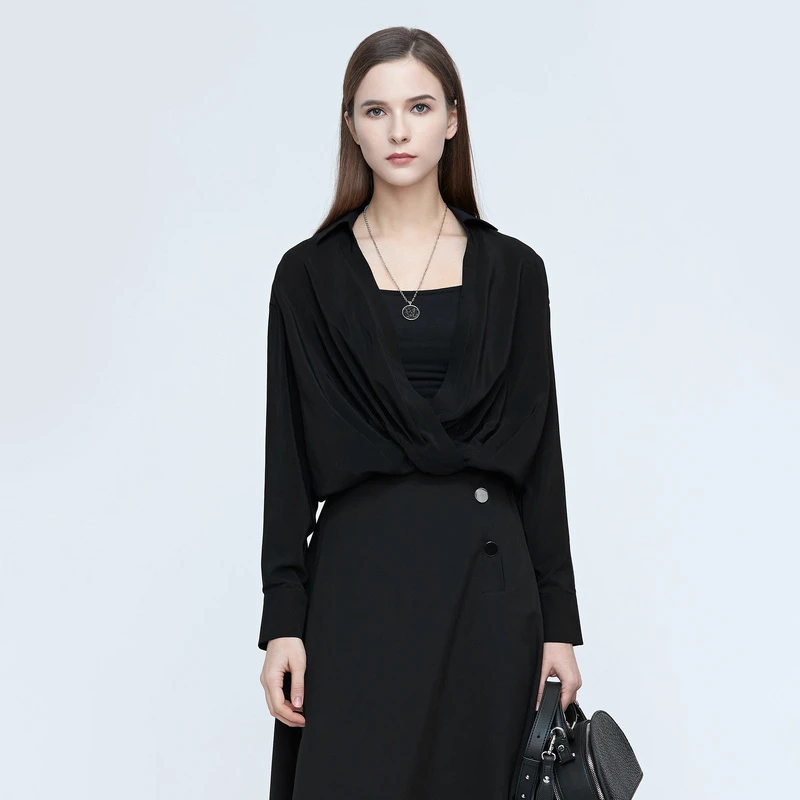 S·DEER圣迪奥时尚V领休闲不规则拼接百搭修身长袖衬衫S21180514