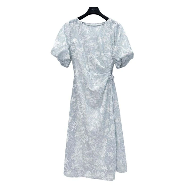 sdeer圣迪奥女装时尚气质显瘦圆领提花泡泡袖吊带连衣裙S232Z12QS