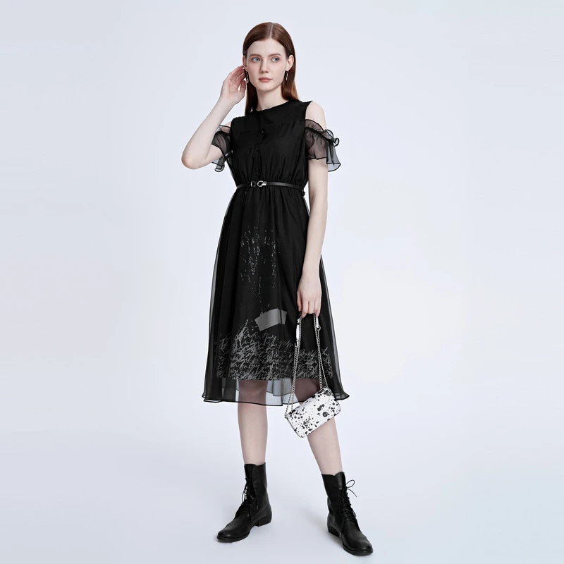 S·DEER圣迪奥时尚女装圆领露肩收腰印花网纱优雅连衣裙S222Z1208