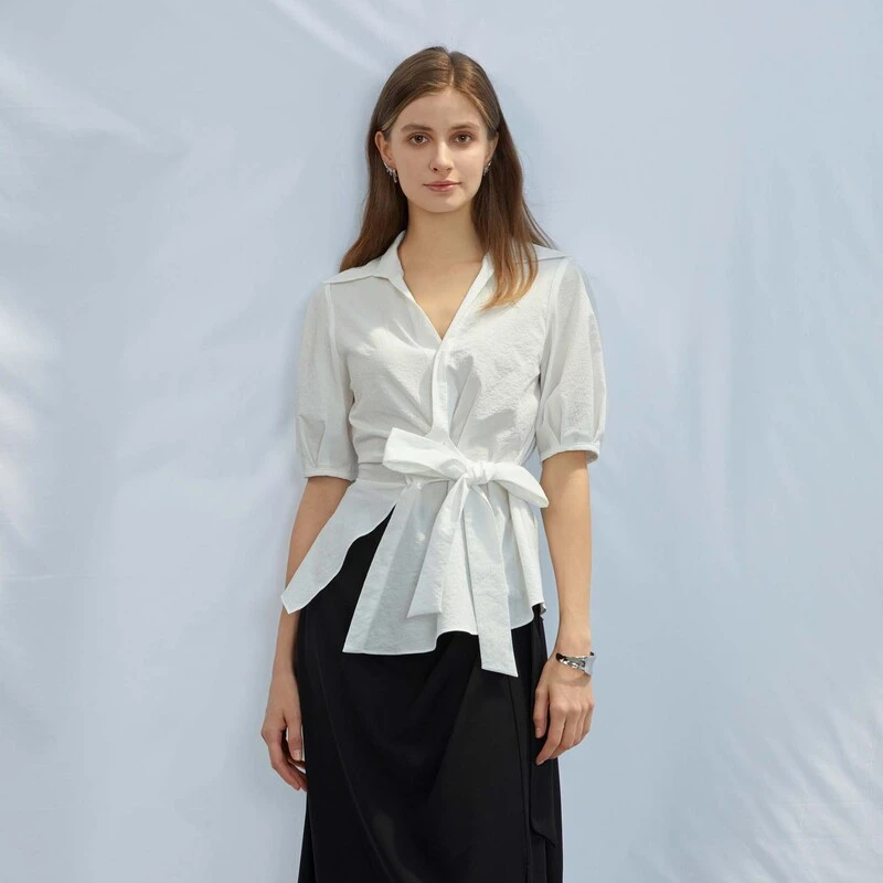 圣迪奥女装夏季时尚气质翻领收腰不规则短袖衬衫S232Z0439