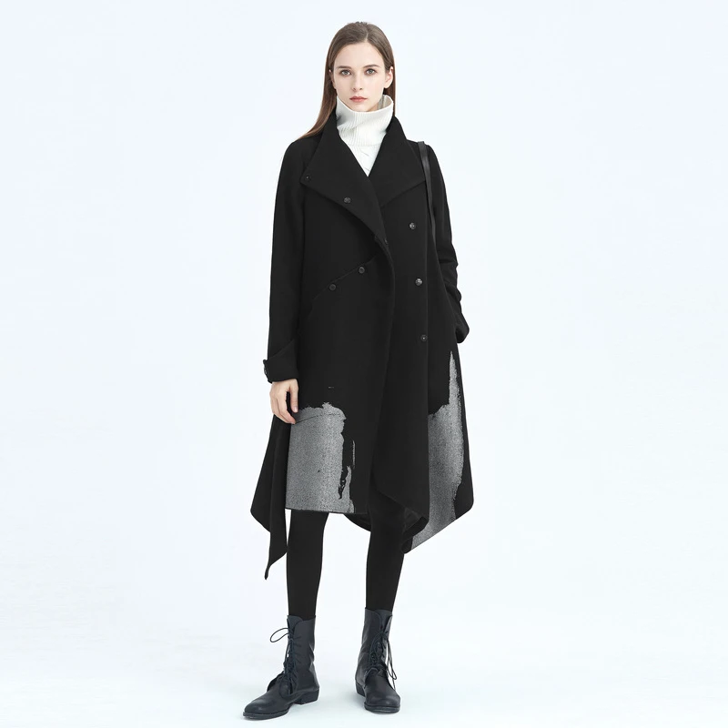 S·DEER圣迪奥女装气质典雅撞色胶印不规则拼接毛呢大衣S20481837