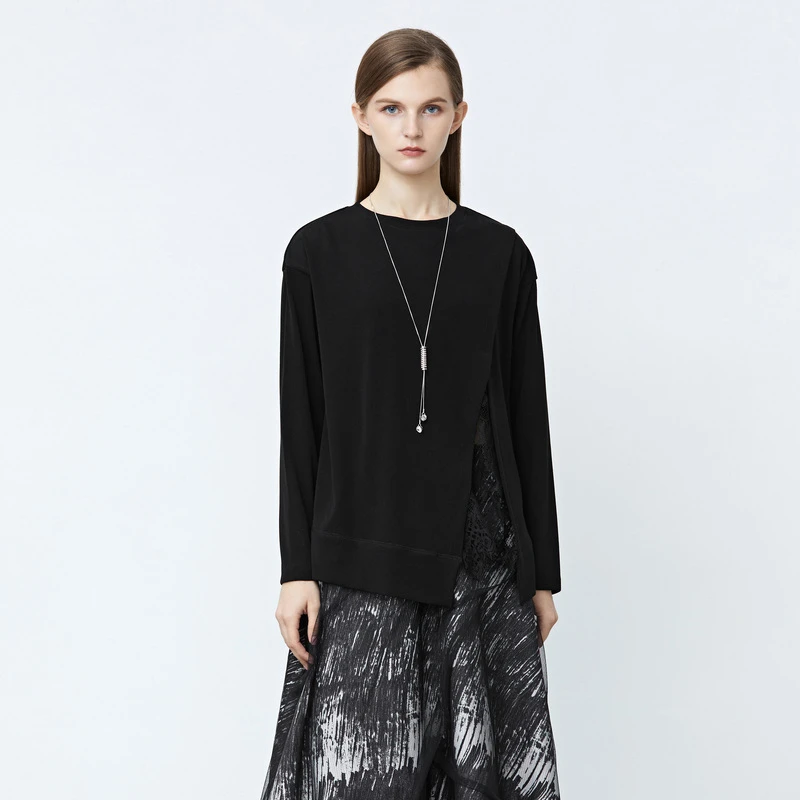 S·DEER圣迪奥圆领拼接蕾丝宽松时尚百搭开衩女装长袖T恤S21480217
