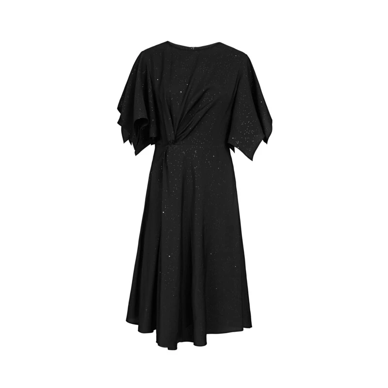 S·DEER圣迪奥女装时尚气质圆领压褶不规则短袖连衣裙S23281203