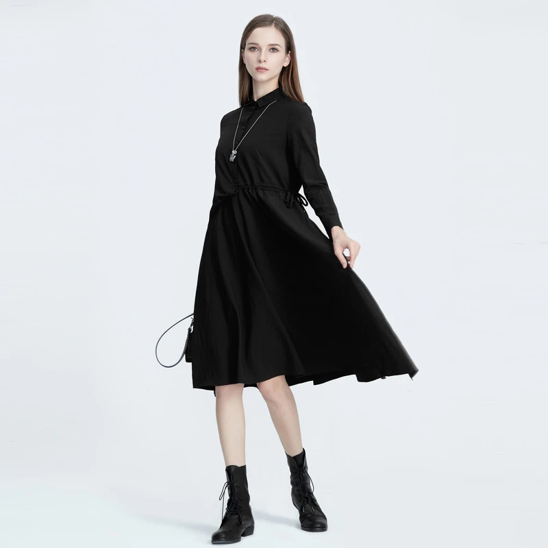S·DEER圣迪奥翻领收腰衬衫长裙黑色正品显瘦气质连衣裙S20481219