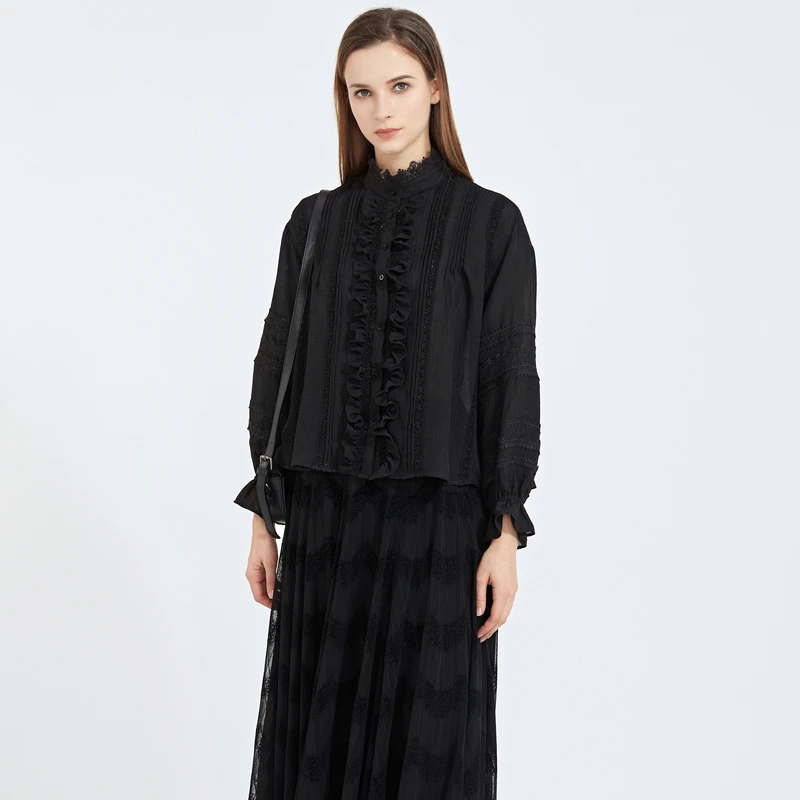 S·DEER女春季时尚复古休闲立领蕾丝抽褶拼接长袖衬衫S21180525