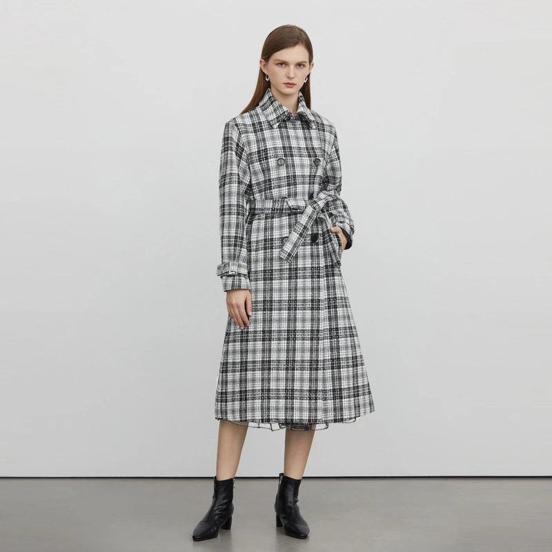 S·DEER女装高级感中长款时尚气质翻领撞色格子毛呢大衣S224Z2525