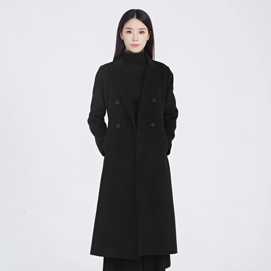 S·DEER圣迪奥女士时尚中长款黑色修身气质通勤过膝风衣S214Z1862