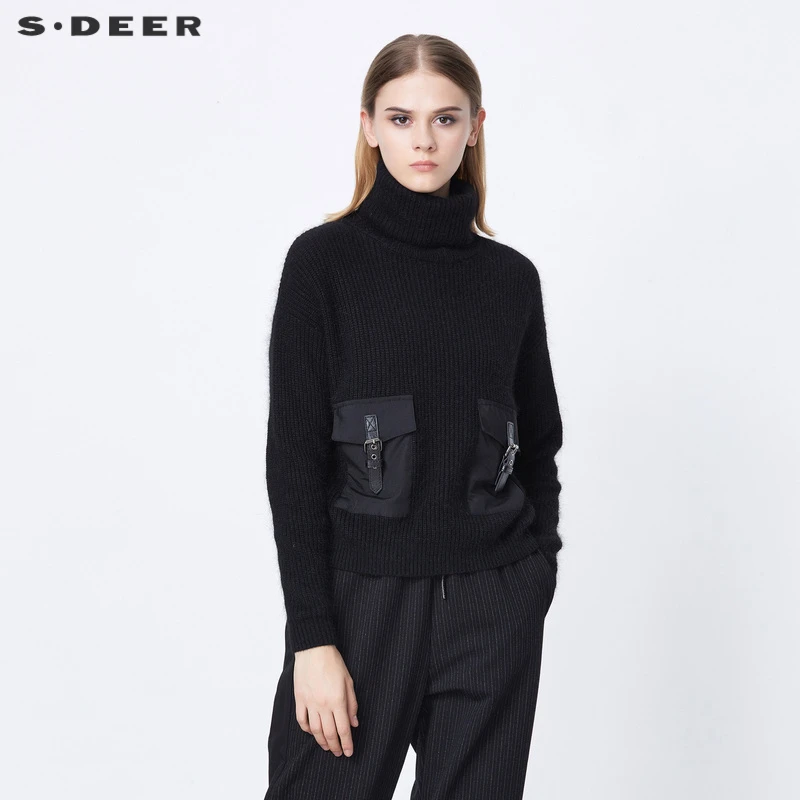 S·DEER圣迪奥个性高领黑色时尚打底口袋拼接长袖针织衫S21463510