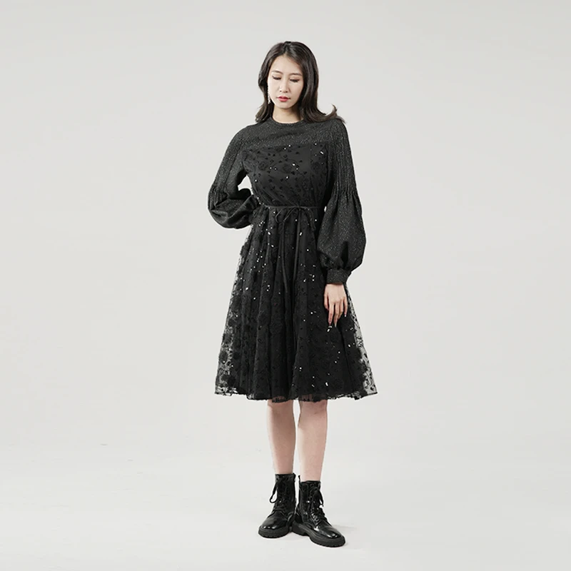 圣迪奥女装气质优雅系带显瘦百搭休闲印花中长款连衣裙S234Z12E8