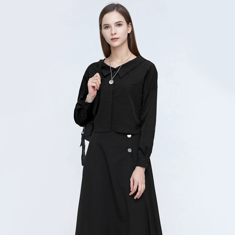 圣迪奥女装休闲时尚百搭显瘦翻领暗门襟落肩袖短款衬衫S21180529