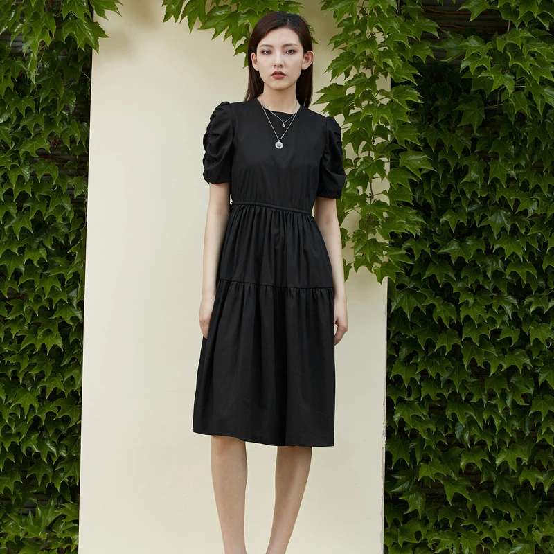 S·DEER女装夏季法式气质时尚圆领收腰抽褶短袖连衣裙S22281261