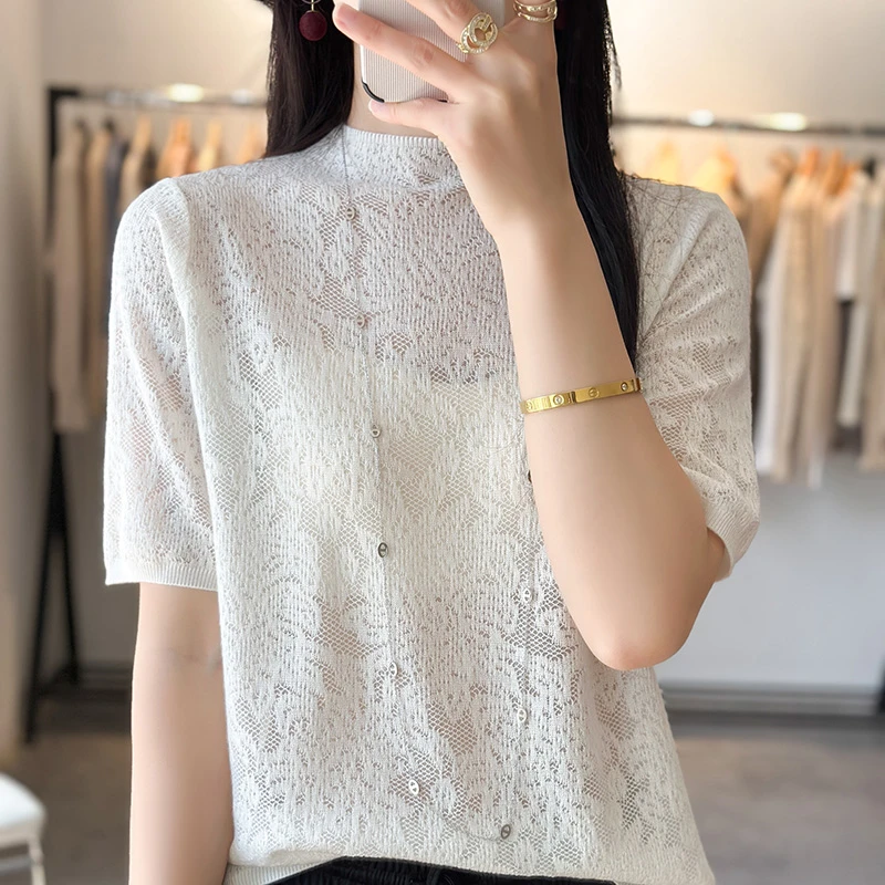 夏季新款半高领立体感短袖百搭针织衫女精纺羊毛开衫显瘦半袖毛衣