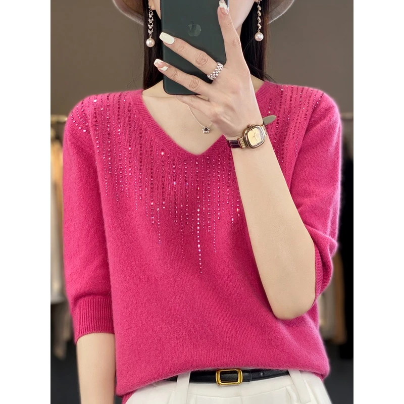 一线成衣100%纯羊毛衫女V领镶钻针织打底衫时尚纯色百搭宽松毛衣