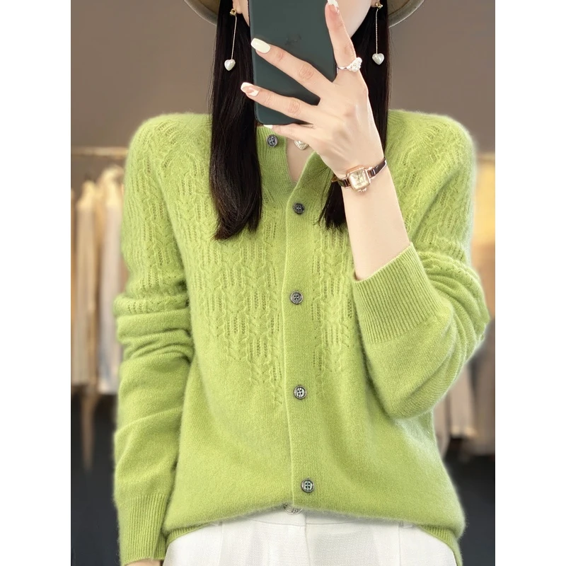 100%纯羊毛开衫女圆领宽松外套秋季新款纯色镂空百搭休闲针织毛衣