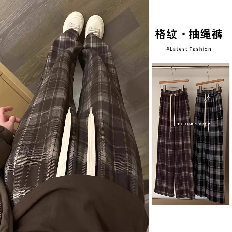 孕妇格子裤女春秋款外穿2024新款复古休闲毛呢阔腿裤春季直筒长裤