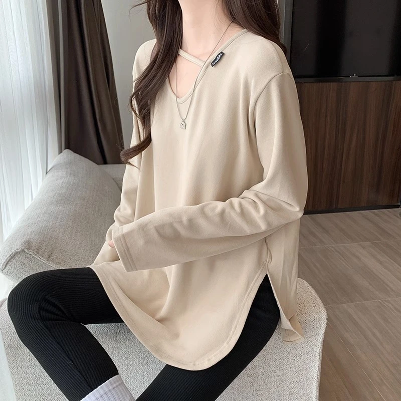 孕妇秋装上衣时尚2023新款打底衫女圆领春秋季不规则下摆长袖t恤