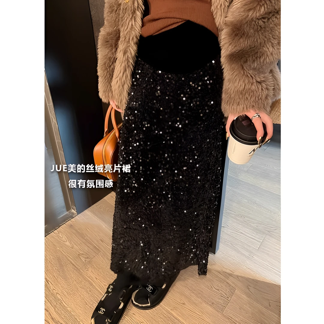 孕妇半身裙秋冬季新款氛围感气质丝绒亮片裙显瘦直筒A字中长裙子