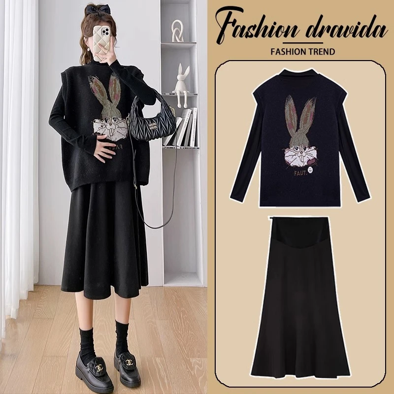 孕妇秋装套装时尚款外穿减龄兔子马甲毛衣秋冬韩版款小个子两件套