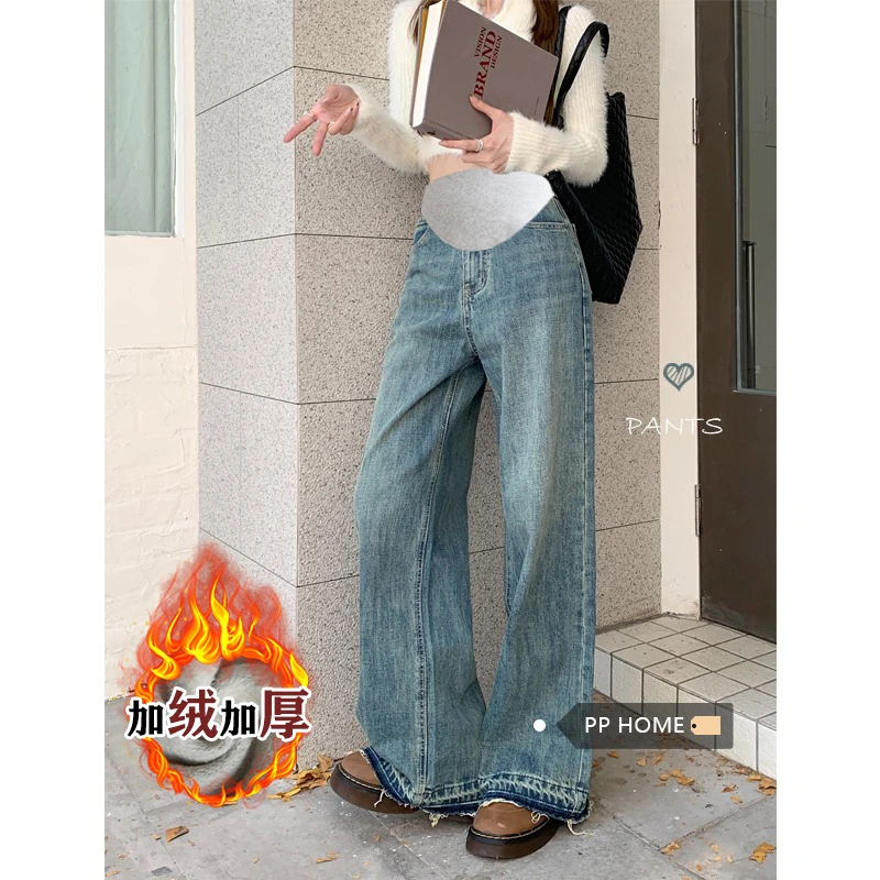 孕妇牛仔裤加绒加厚秋冬款外穿高个子女秋季直筒阔腿裤拖地长裤子