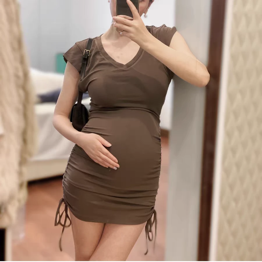 孕妇装夏装V领辣妈孕妇连衣裙夏季薄款修身显瘦包臀性感针织裙子