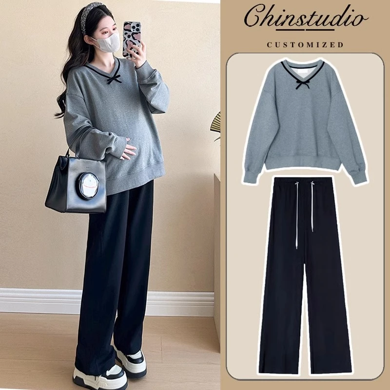 秋季新款孕妇套装时尚V领蝴蝶结减龄气质卫衣上衣宽松休闲两件套