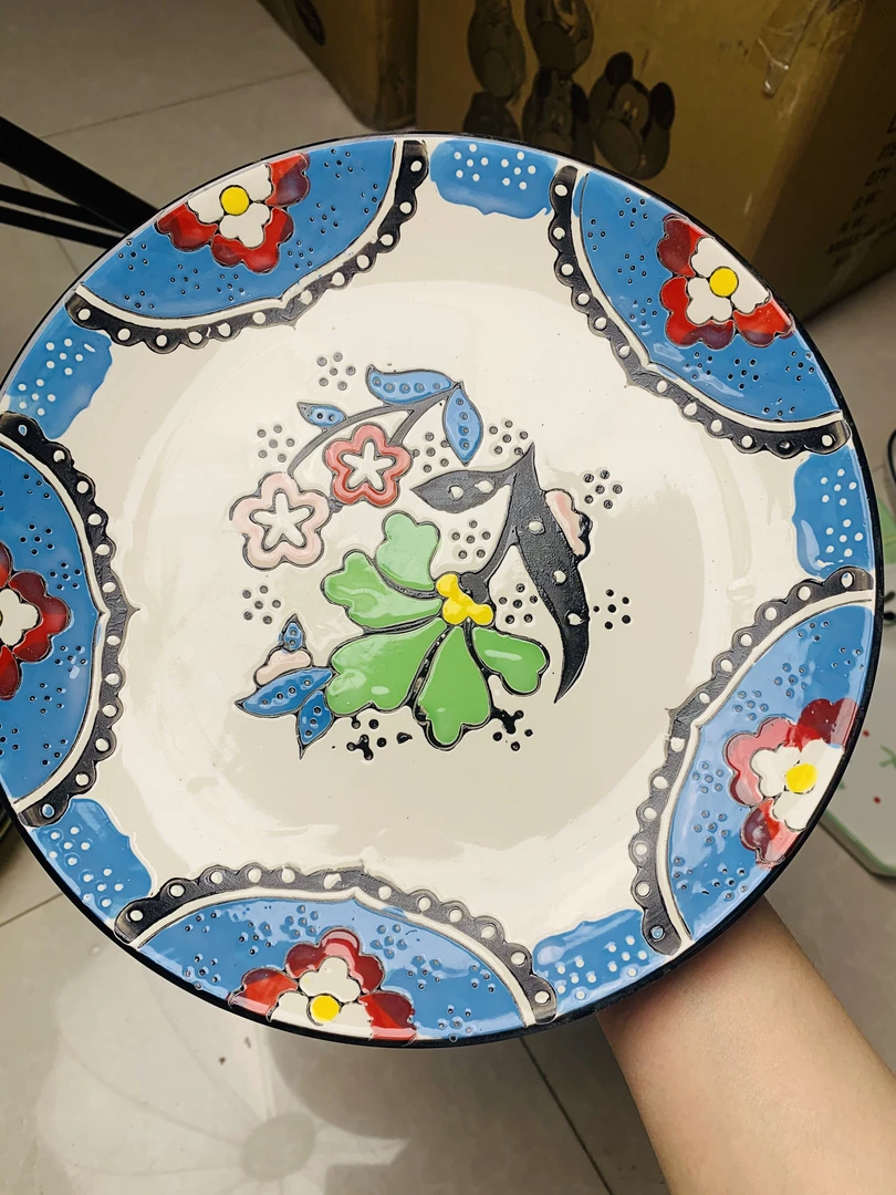 浮雕超大十三寸彩绘餐盘复古风