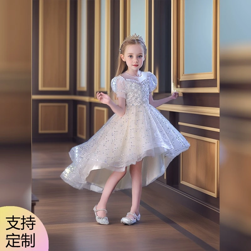女童礼服裙夏季婚礼前短后长女孩公主裙花童钢琴演奏主持人演出服