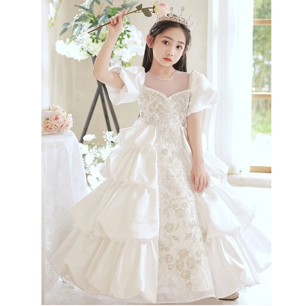 白色公主裙女童高端礼服成人礼儿童婚纱主持钢琴演出服花童生日宴