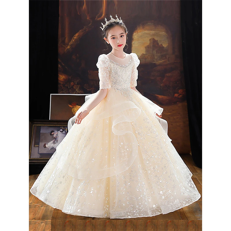 胖女童生日裙大码生日气质高端走秀花童公主纱裙主持人钢琴演出服