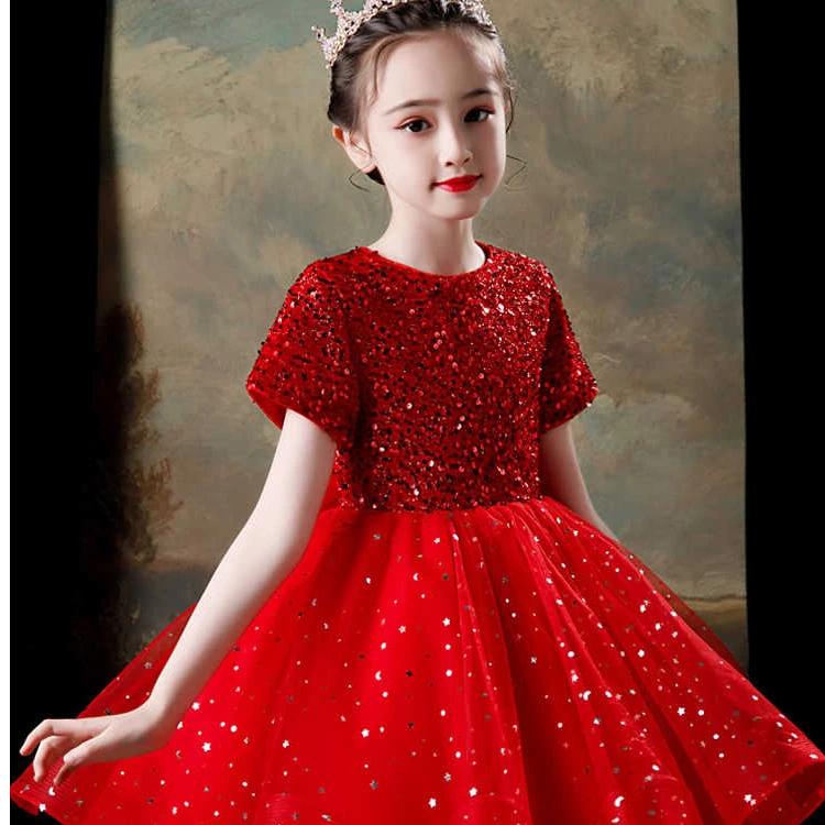 红色礼服裙女童演出服主持高级感礼服裙生日裙子法式公主裙连衣裙