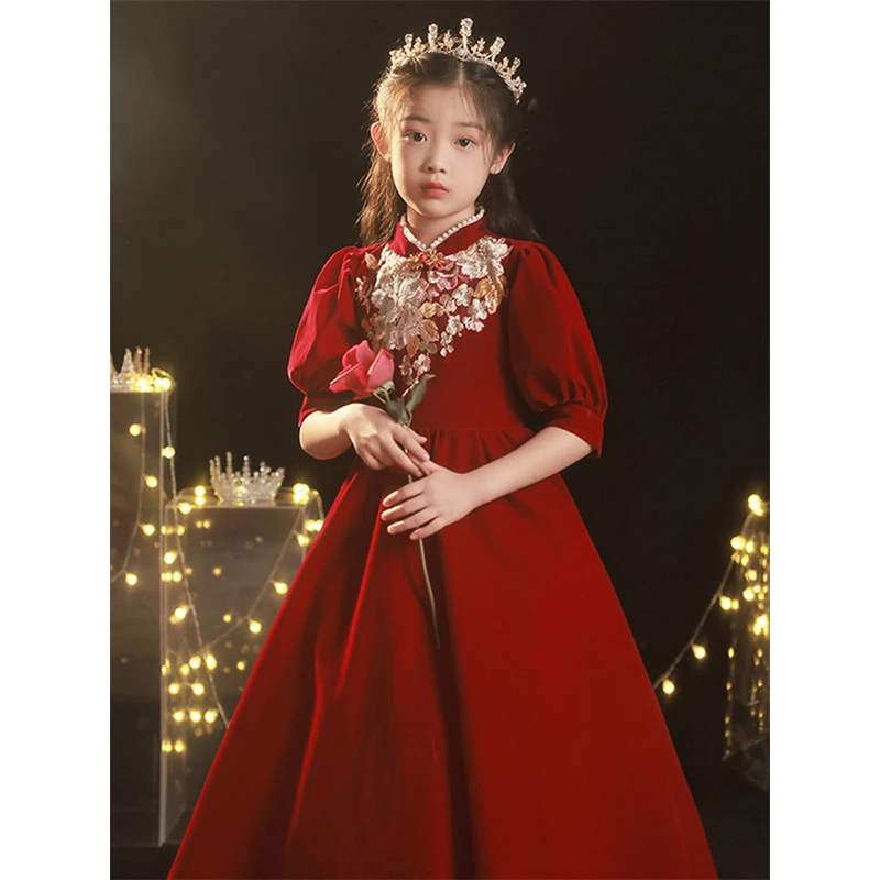 女童红色礼服裙高级质感公主裙儿童演出高端唐装礼服钢琴演奏婚纱