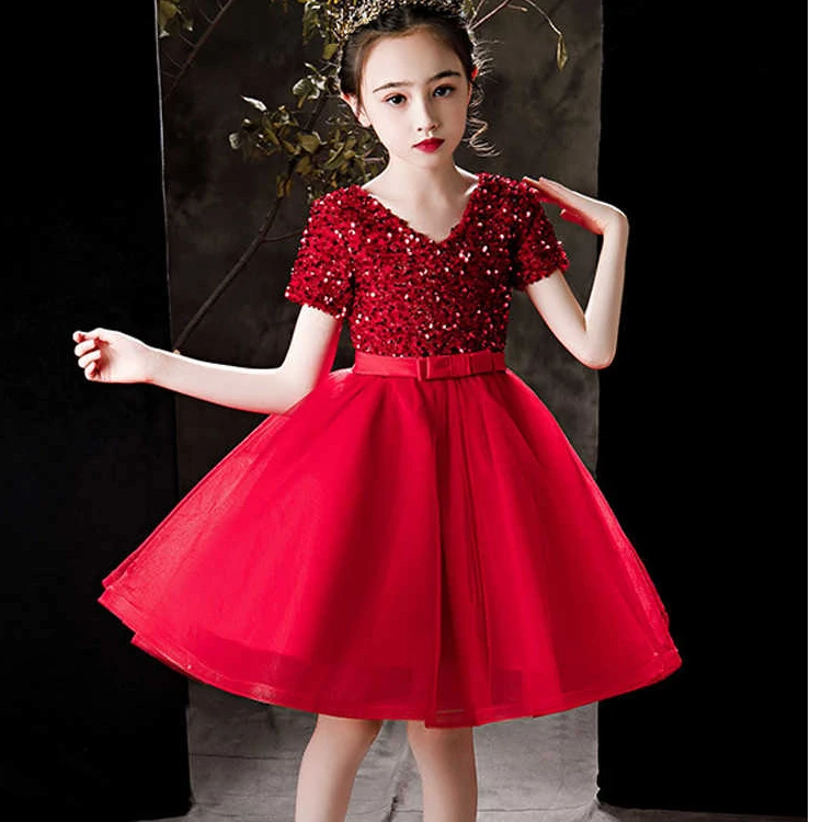 儿童礼服裙轻奢小众高端时尚礼服红色女童宴会气质夏季演出服潮款