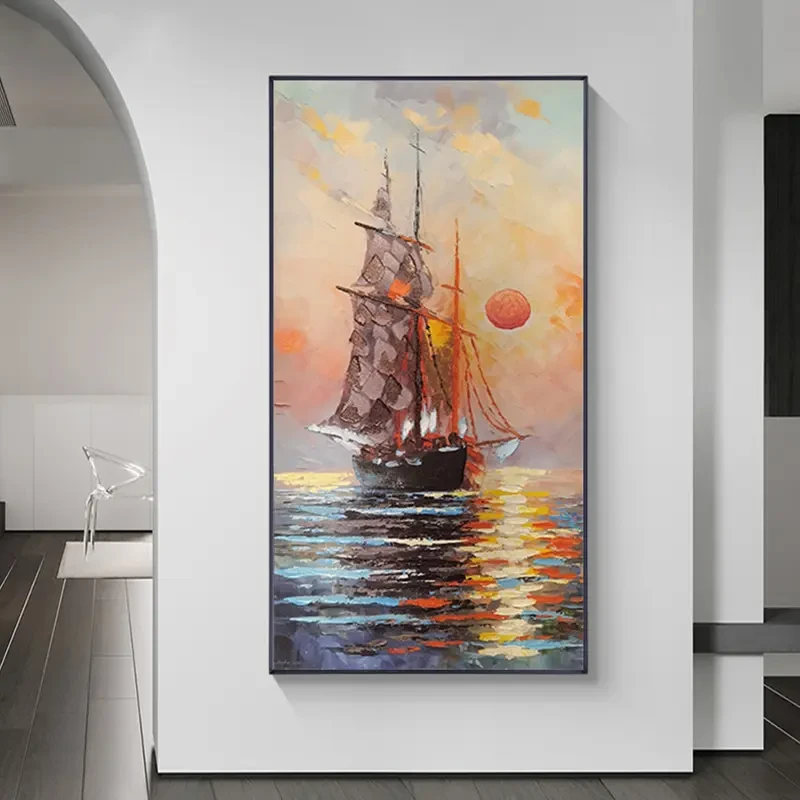 高端砂岩肌理画日出帆玄关背景墙装饰画现代餐厅客厅壁画帆船油画