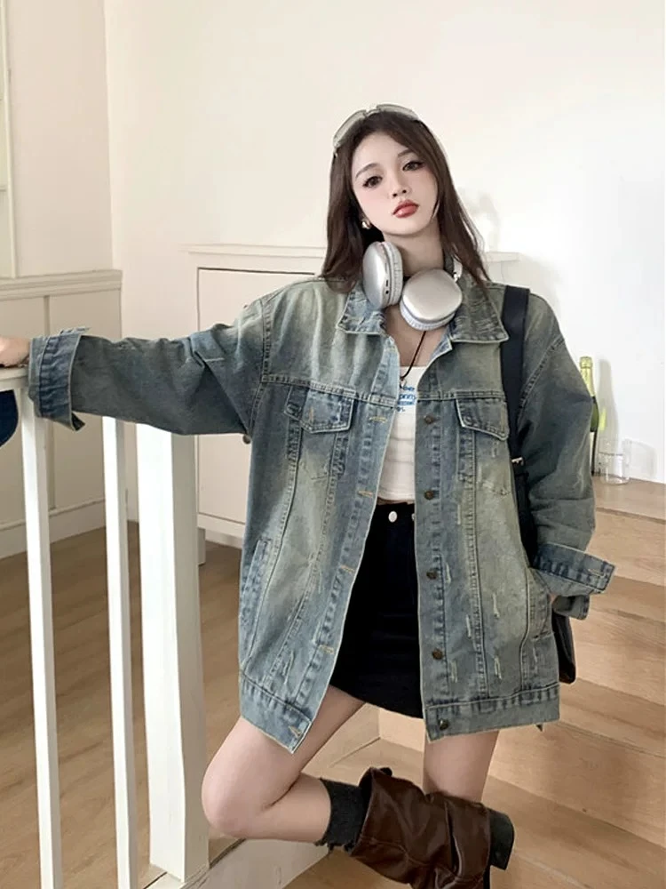 韩系慵懒风水洗做旧牛仔外套女春秋新款复古宽松显瘦休闲夹克上衣