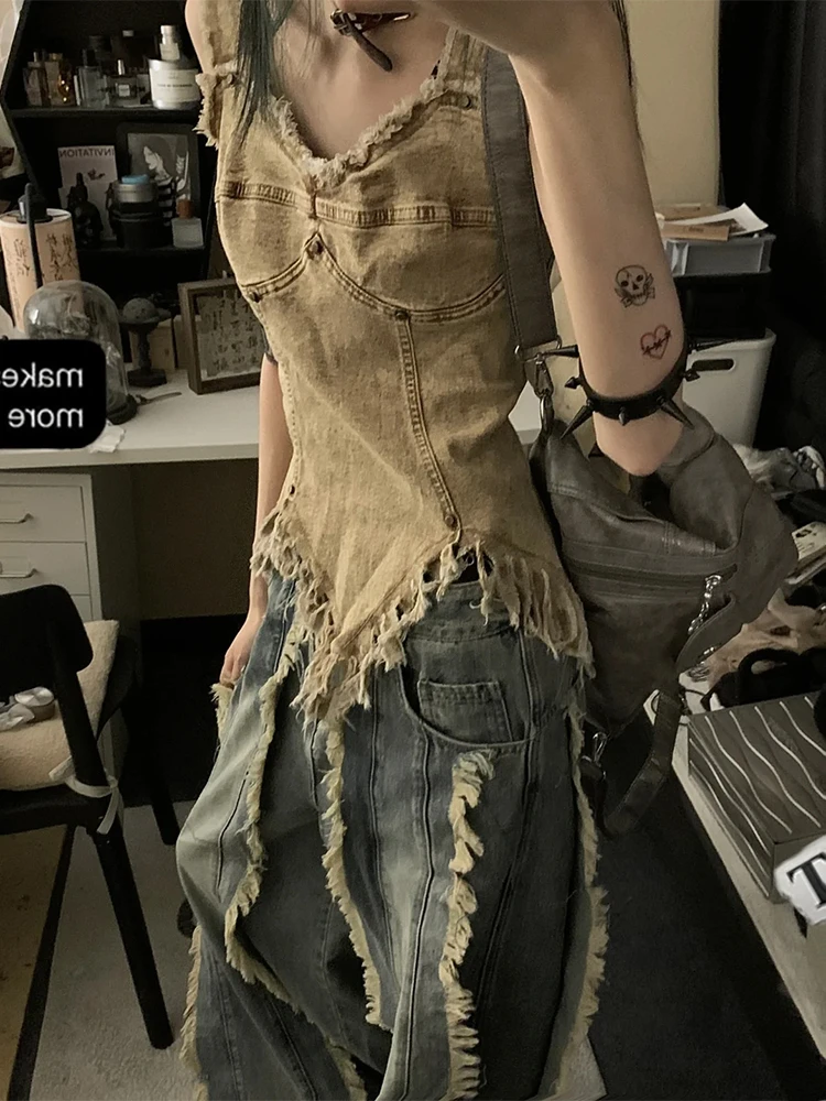 美式复古牛仔吊带背心女夏季新款设计感流苏不规则辣妹修身上衣潮