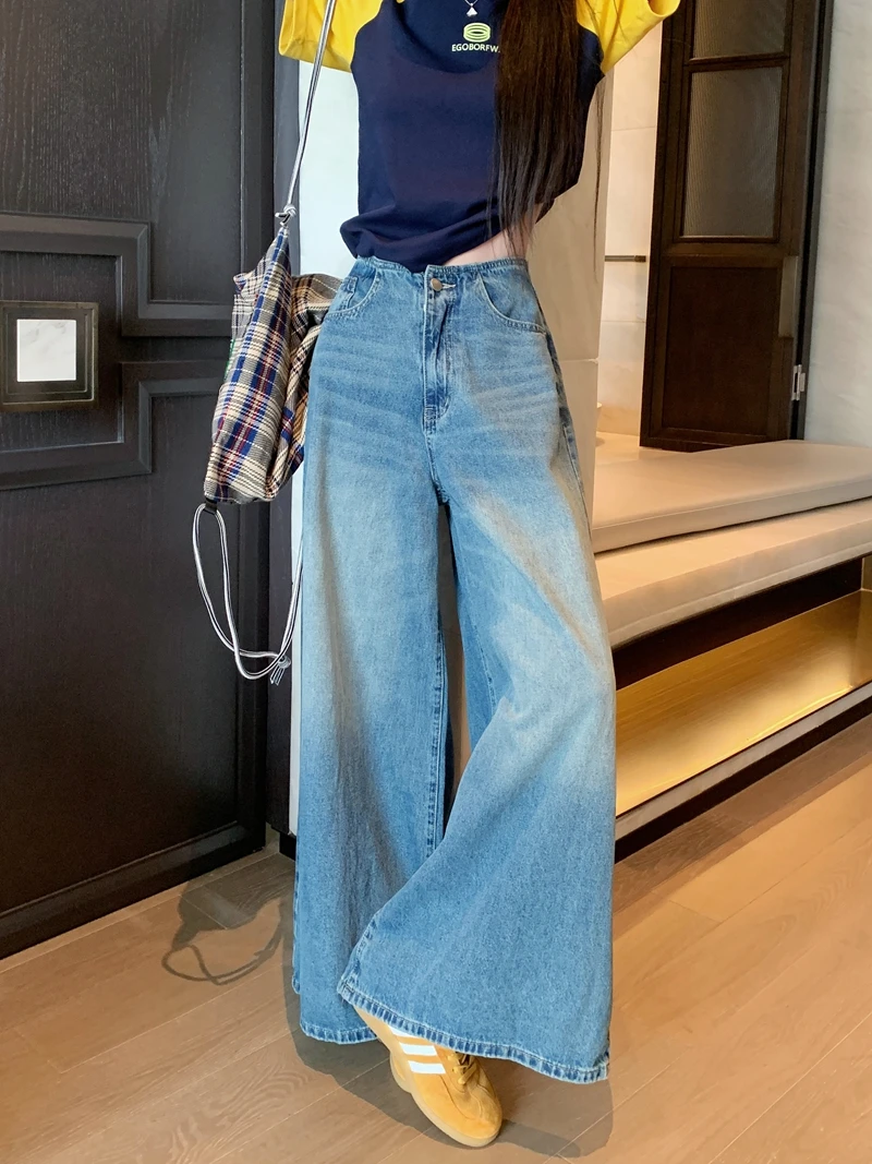 复古水洗做旧蓝色阔腿牛仔裤女装秋季高腰宽松直筒裤拖地裤长裤子