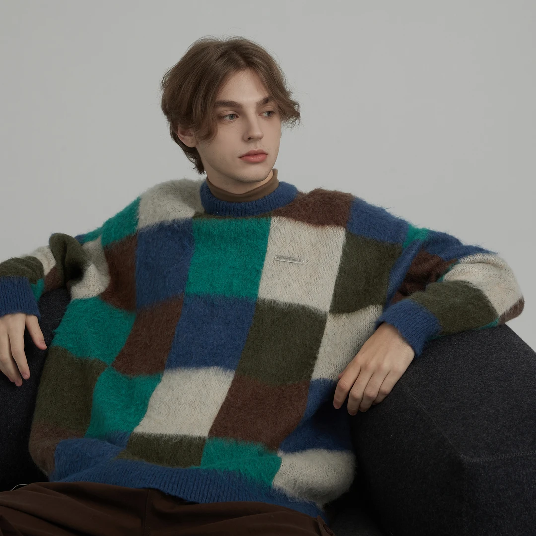 HeartBoon秋季高级感复古格纹格子马海毛棋盘格毛衣针织衫HB4M141