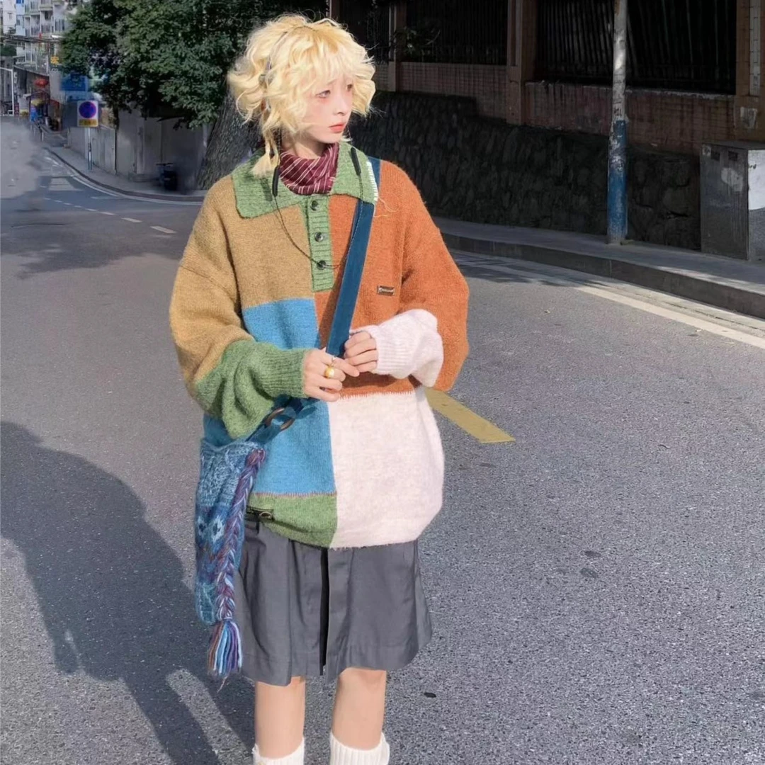 HeartBoon秋季新款复古不规则拼色流苏polo宽松毛衣针织衫HB6M092