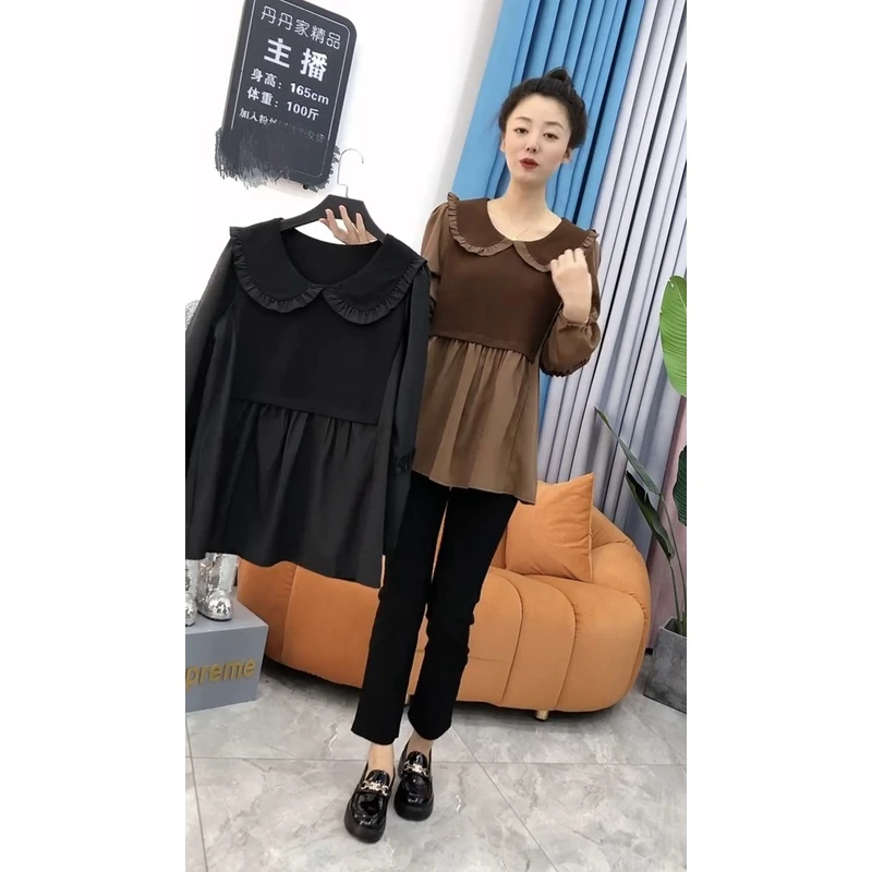 2024年春季新款娃娃领打底衫时尚显瘦大码女士精品宽松拼接衬衫