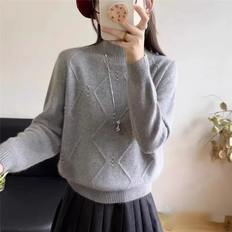 浣熊半高领条纹钉珠套头针织衫