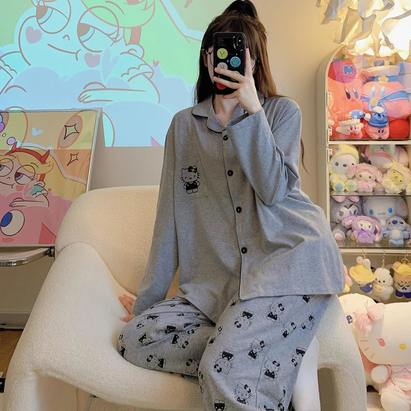 可爱卡通凯蒂猫睡衣女春秋季长袖长裤KT猫纯棉韩版家居服套装宽松