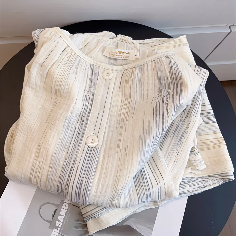 双层棉纱睡衣女春秋圆领长袖薄款婴儿棉可爱家居服套装卡通宽松