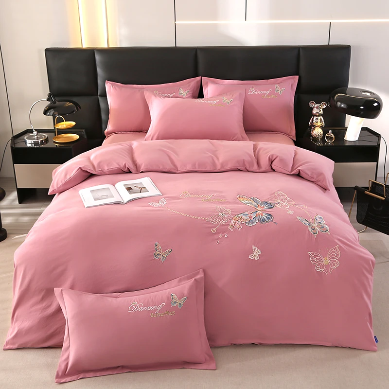 轻奢绣花高档四件套简约锦云蛋白棉亲肤刺绣款被套床裙款床上用品