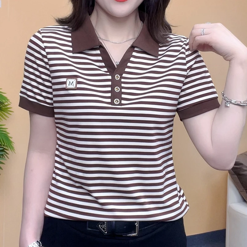 2024夏季新款条纹polo领短袖T恤小衫女洋气减龄宽松妈妈时尚百搭