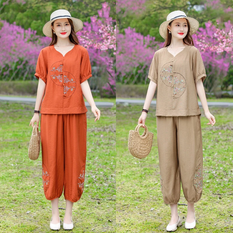 常熟新中式妈妈夏装绣花套装新款宽松短袖上衣大码哈伦裤两件套
