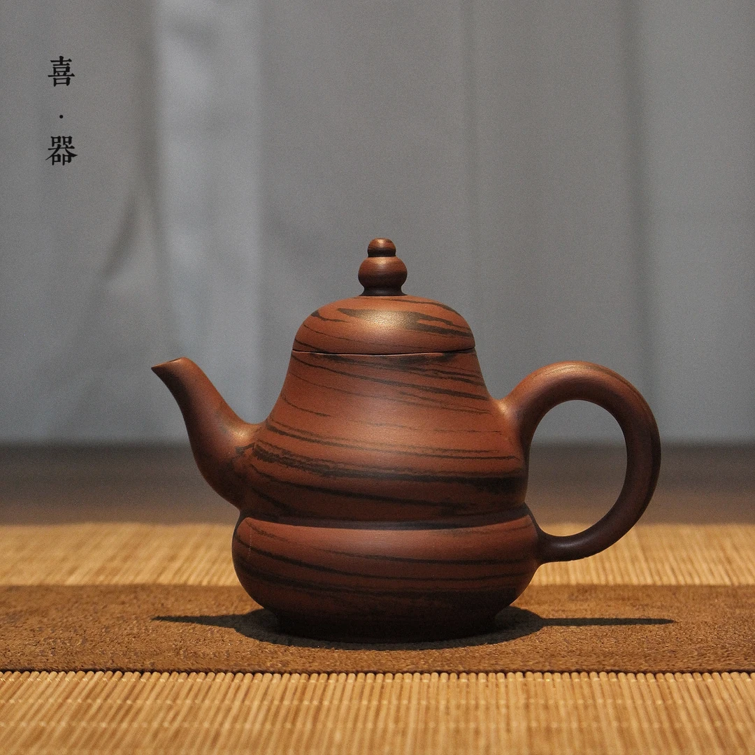 喜器章壮雄-绞泥葫芦壶约100cc纯手工潮州手拉壶小品朱泥泡茶壶