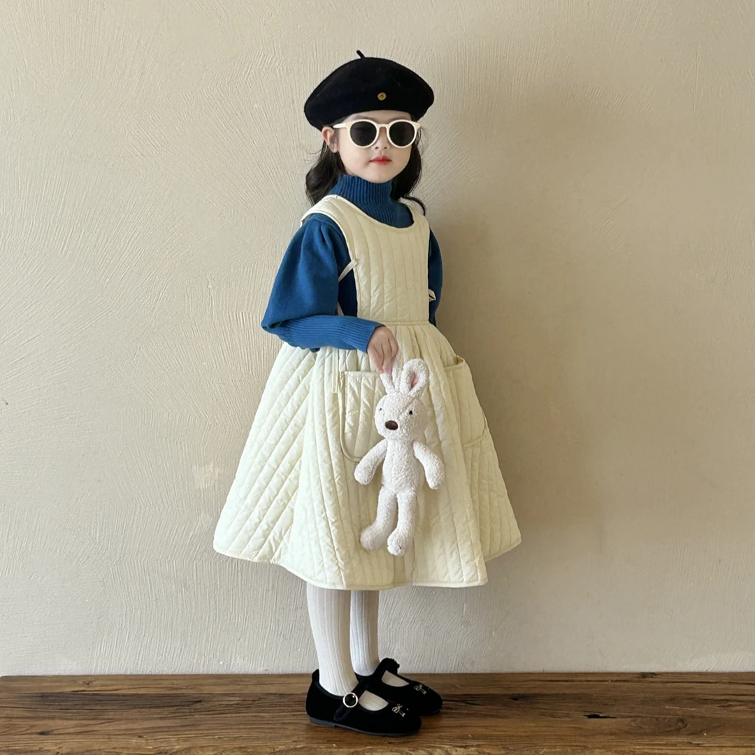 2025初冬款女童韩版无袖绗棉系带背心裙女宝宝蓝色泡泡袖高领毛衣