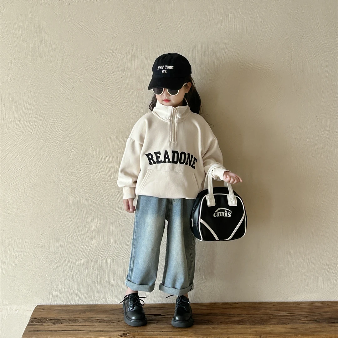 2024秋季新款童装韩版儿童洋气字母半拉链卫衣男女童百搭休闲上衣