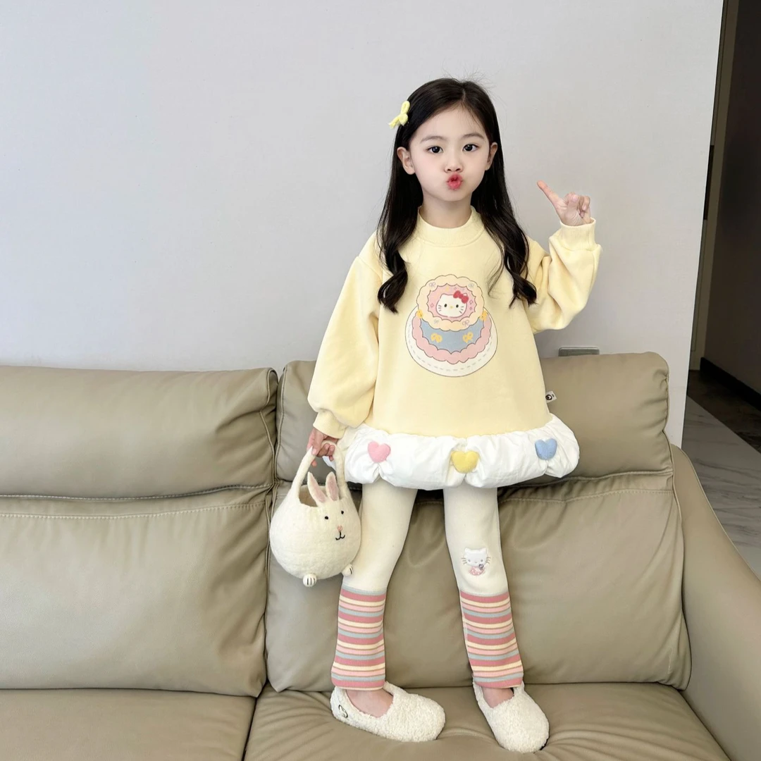 2024初冬款韩版女童可爱猫咪蓬蓬卫衣裙女宝奶黄拼接加绒加厚套装