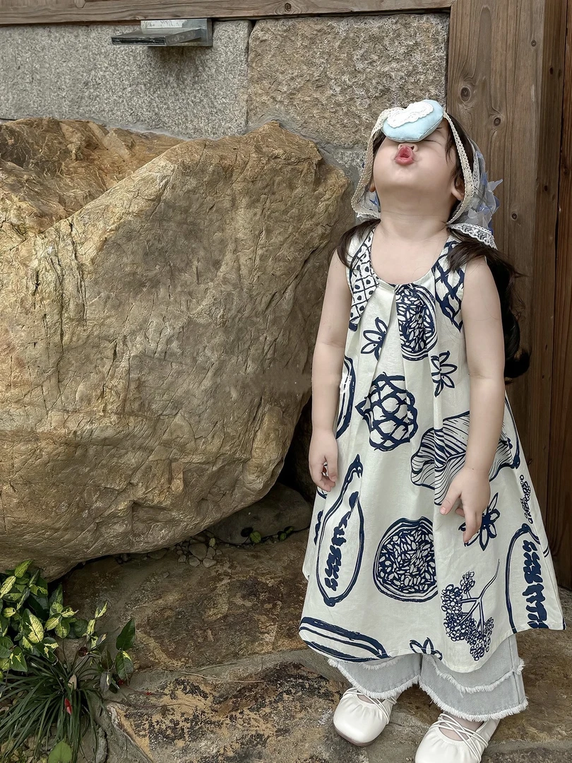 兄妹装2024夏男女童韩版不规则图案连衣裙儿童休闲短袖短裤两件套